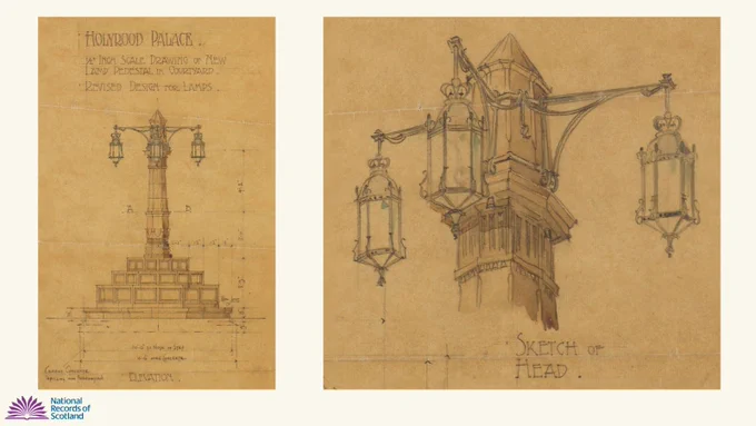 Detailed designs of ornate lamps on pedestals, with a full cross section, a close-up on an individual lamp design and views from above showing the arrangements of lamps and specifications of the pedestal.