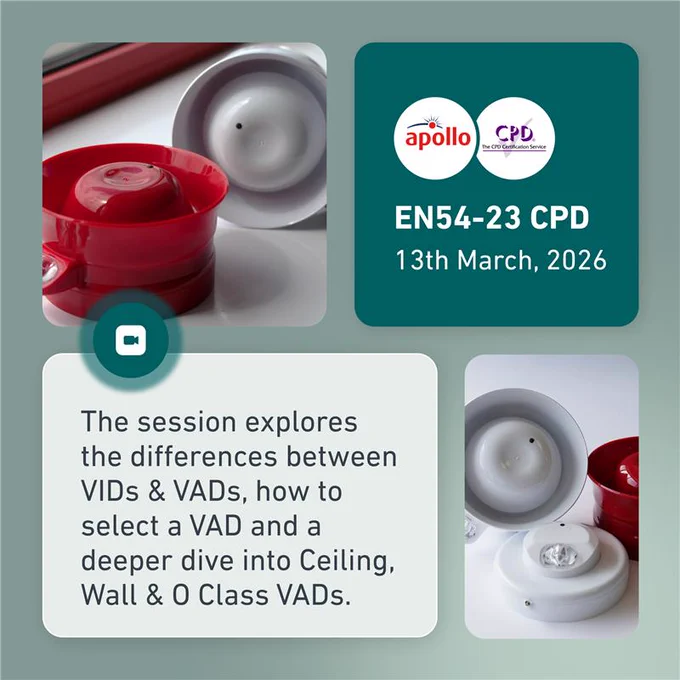 Close-up of red and white fire alarm devices with text about EN54-23 CPD training on March 13, 2026, focusing on VIDs and VADs.