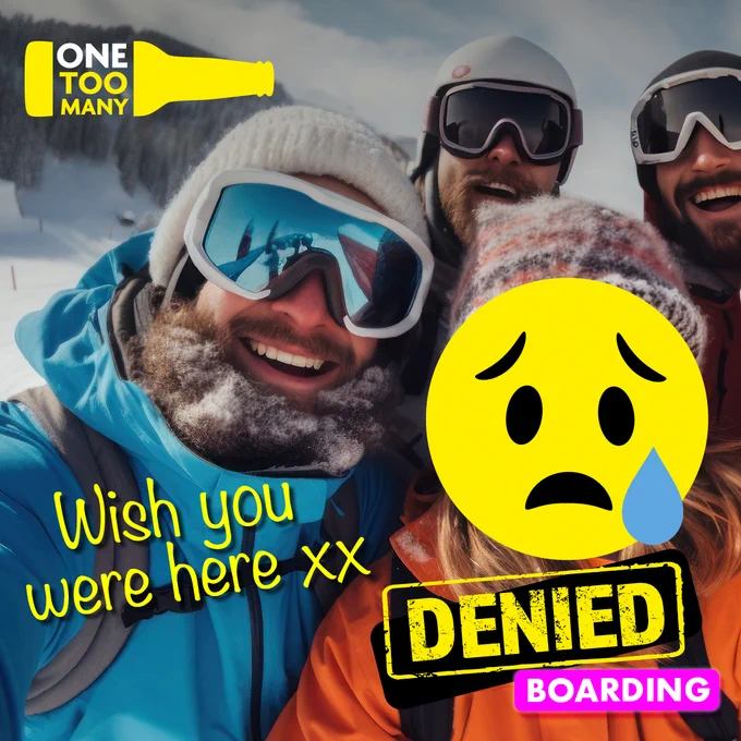 A group of skiing holidaymakers pose for a photo. One of the faces is covered with a sad face emoji. Text reads "Wish you were here xx"