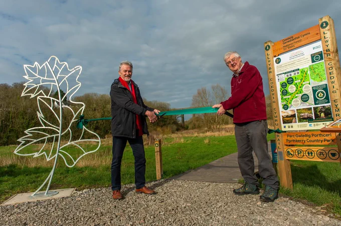 Deputy First Minister, Huw Irranca-Davies, and Cabinet Secretary for Finance and Welsh Language, Mark Drakeford opening the National Forest Trail in Porthkerry Park in Barry. 