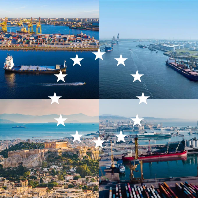 A four-quadrant collage showcasing European maritime and port infrastructure,
overlaid with a circular pattern of white stars.
Top-Left: A vibrant container terminal with yellow gantry cranes and a departing cargo
ship.
Top-Right: An aerial view of an industrial port district.
Bottom-Left: The historic city of Athens overlooking a shipping-filled coastline.
Bottom-Right: A high-angle shot of a bulk carrier docked at a busy loading pier.