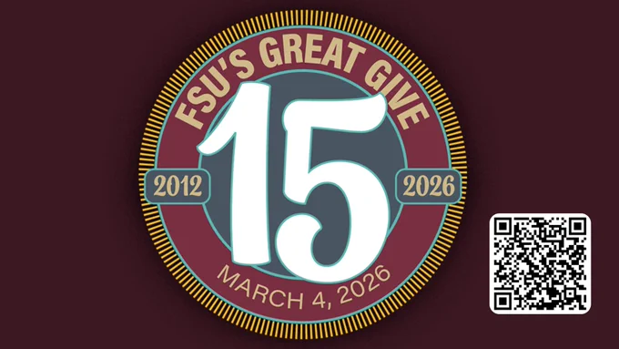 FSU COSSPP's Great Give logo - "FSU'S GREAT GIVE" 2012 - 2026, 15 years, March 4, 2026, QR code