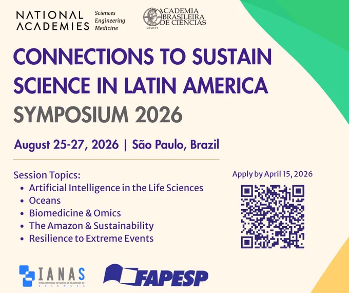 Symposium announcement for Connections to Sustain Science in Latin America, August 25-27, 2026, São Paulo, covering AI, oceans, biomedicine, Amazon, and resilience.