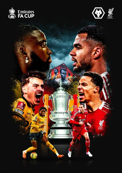 The programme cover for Wolves' Emirates FA Cup tie with Liverpool.

On the left of the graphic there's three Wolves players; Tolu Arokodare, Rodrigo Gomes and Mateus Mane. On the right of the graphic there's three Liverpool players; Cody Gakpo, Hugo Ekitike and Virgil Van Dijk. In the centre there is the FA Cup and a mural of Diogo Jota.