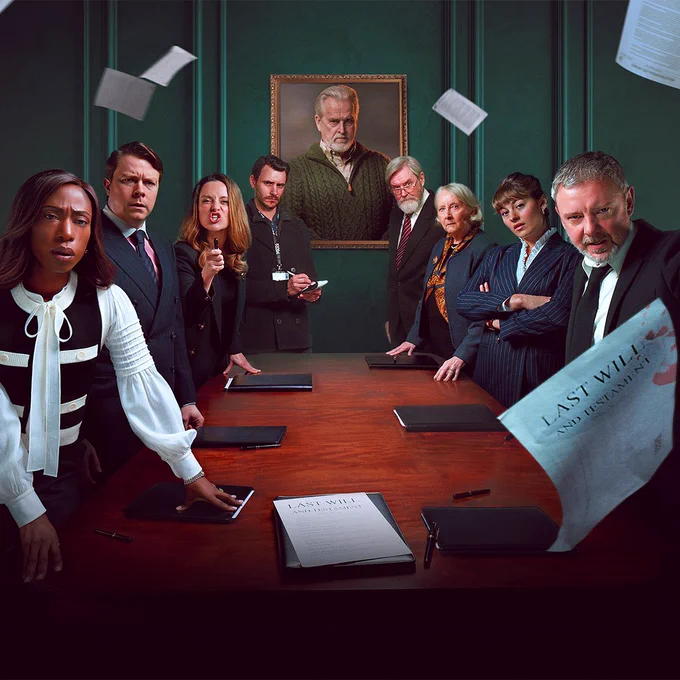 Key art for I, Jack Wright, featuring a host of main characters around a large table. One throws papers into the air, including a document labelled “Last Will and Testament”.