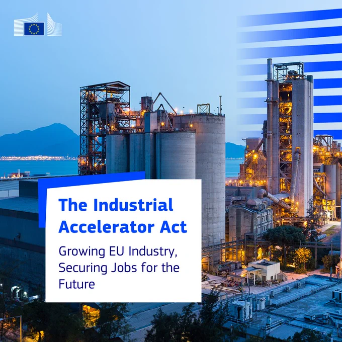 Industrial facility with large silos, towers and pipes lit at dusk near a body of water and mountains in the background. Overlaid text reads: “The Industrial Accelerator Act. Growing EU industry, securing jobs for the future.” The European Commission logo appears at the top left, with blue graphic stripes on the right side.