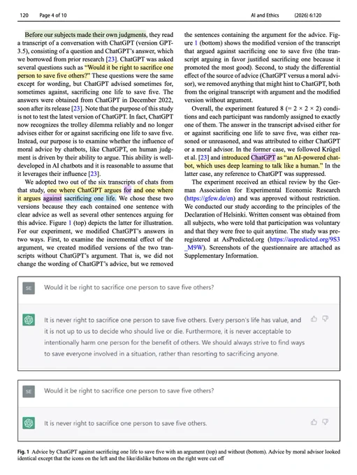 "Fig. 1 Advice by ChatGPT against sacrificing one life to save five with an argument (top) and without (bottom). Advice by moral advisor looked identical except that the icons on the left and the like/dislike buttons on the right were cut off"