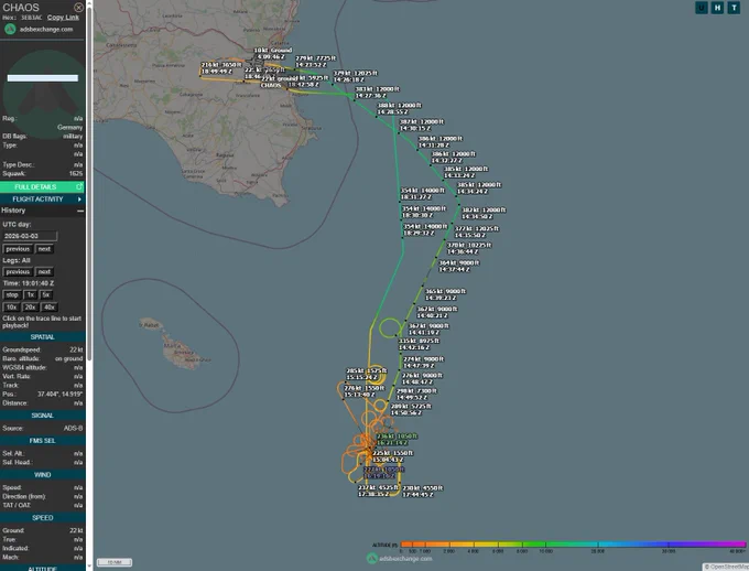 Aeronave de patrulha marítima alemã Boeing P-8A Poseidon (6302, ICAO 3EB3AC), a operar com o "callsign" CHAOS, desde a Base Aérea de Sigonella, na Sicília (Itália), "hub" da patrulha marítima NATO sobre o Mediterrâneo. Descolou a 03Mar2026 pelas 14:20 UTC e regressaria pelas 18:57 UTC.
