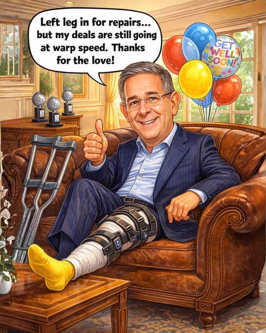 Colorful humorous caricature of entrepreneur and financier Marc Bell after left leg surgery. He stands confidently on crutches in a business suit, with a big colorful cast on his left leg decorated with stock charts and company logos, holding a thumbs up and a small model of his latest venture. Speech bubble reads: 'Left leg in for repairs… but my deals and empire are still going strong!' Motivational get-well-soon illustration wishing him a speedy recovery from his accident.