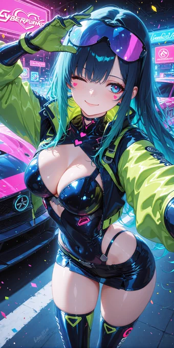 cyberpunk race queen outfit, metallic suit, 
glowing lines, short racing jacket, glossy mini skirt, thigh high cyber boots,
mechanic gloves, sunglasses on head, futuristic racing team logo, cyberpunk atmosphere,
