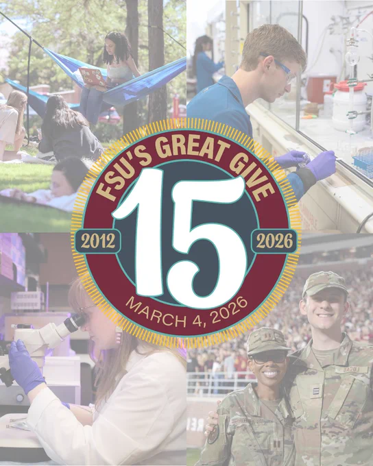 Graphic with four semi-transparent photos of FSU students lounging in a hammock, conducting research in a lab, looking through a microscope, and smiling in Army ROTC uniforms. The Great Give logo is centered.