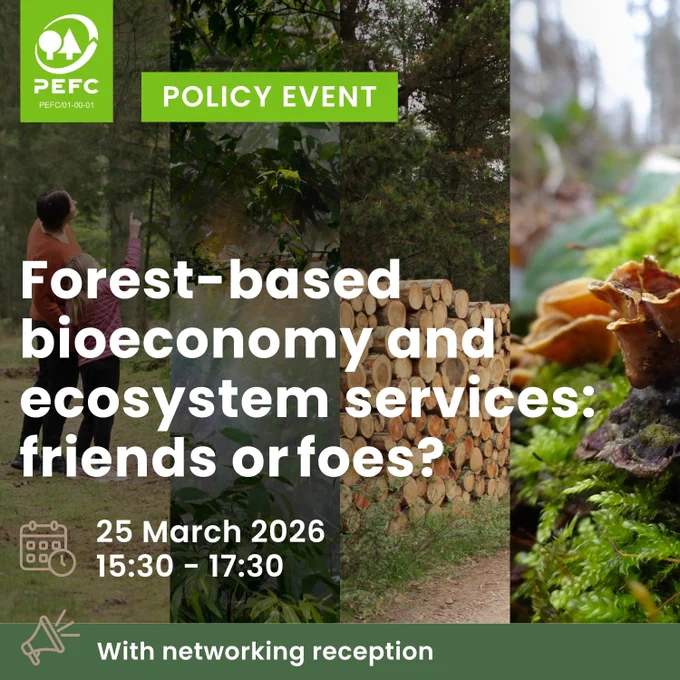 Stacked logs in a forest setting with a person observing, promoting a PEFC EU policy event on forest-based bioeconomy and ecosystem services.