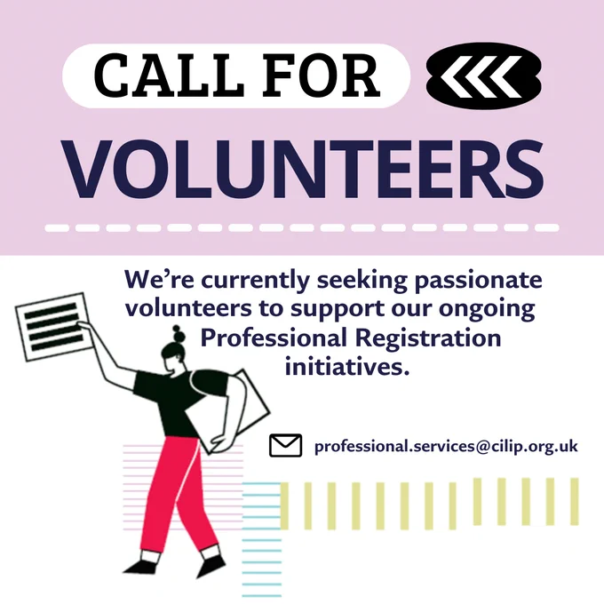 Call for volunteers to support professional registration initiatives, featuring a person holding documents and contact email provided.