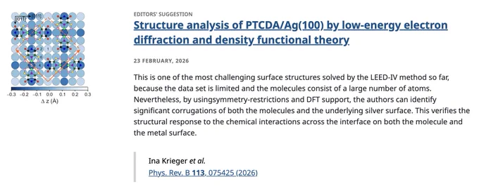 EDITORS' SUGGESTION
Structure analysis of PTCDA/Ag(100) by low-energy electron diffraction and density functional theory
23 February, 2026
This is one of the most challenging surface structures solved by the LEED-IV method so far, because the data set is limited and the molecules consist of a large number of atoms. Nevertheless, by usingsymmetry-restrictions and DFT support, the authors can identify significant corrugations of both the molecules and the underlying silver surface. This verifies the structural response to the chemical interactions across the interface on both the molecule and the metal surface.

Ina Krieger et al.
Phys. Rev. B 113, 075425 (2026)