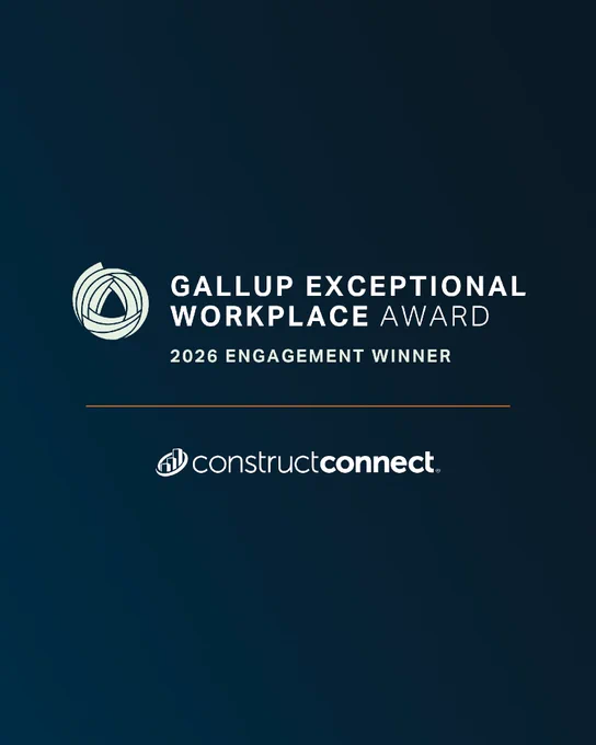 Award announcement image stating "Gallup Exceptional Workplace Award, 2026 Engagement Winner." Below, the logo and name of "constructconnect" is displayed.