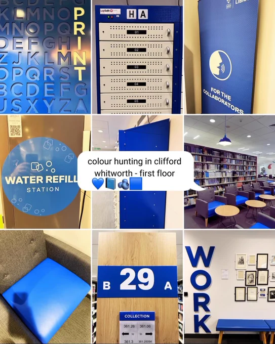 Image of first floor library with blue images in grid and the following text - colour hunting in Clifford Whitworth - First Floor