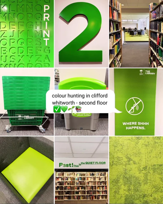 Image of second floor library with green images in grid and the following text - colour hunting in Clifford Whitworth - Second Floor