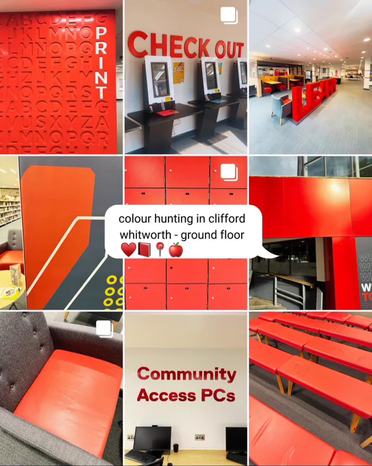 Image of ground floor library with red images in grid and the following text - colour hunting in Clifford Whitworth - Ground Floor