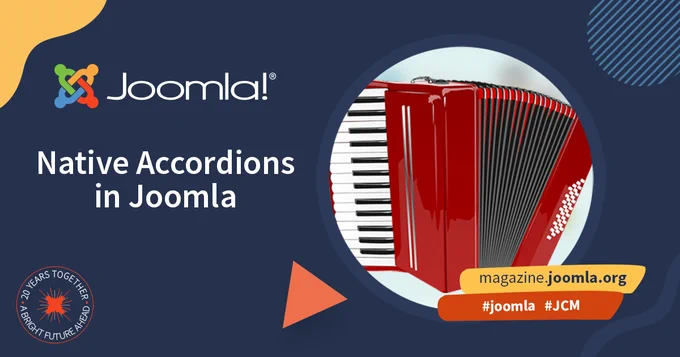 Close-up of a red accordion keyboard featured in Joomla's native accordions tutorial graphic.