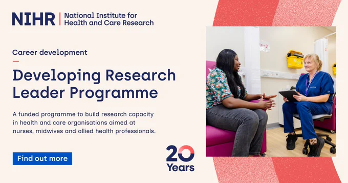 An image of a woman speaking with a midwife, with the caption: 'Career Development: Developing Research Leader Programme - A funded programme to build research capacity in health and care organisations aimed at nurses, midwives and allied health professionals. Find out more.'