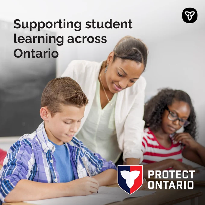 A person and a child looking at a book. Text reads: Supporting student learning across Ontario