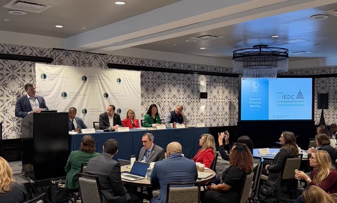 DAS/COO Ben Page speaks in front of a podium at the 2026 IEDC Leadership Summit.
