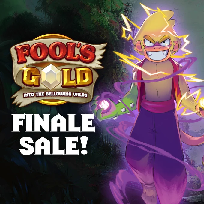 Sips the monkey with electric chaotic magic all around him, floating next to the Fool's Gold logo announcing a finale sale.