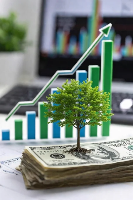 Dividend Growth is like planting a money tree. The image depicts a bar chart going up into the right in front of a computer with stocks charts on it and a tree growing out of a stack of US dollars.