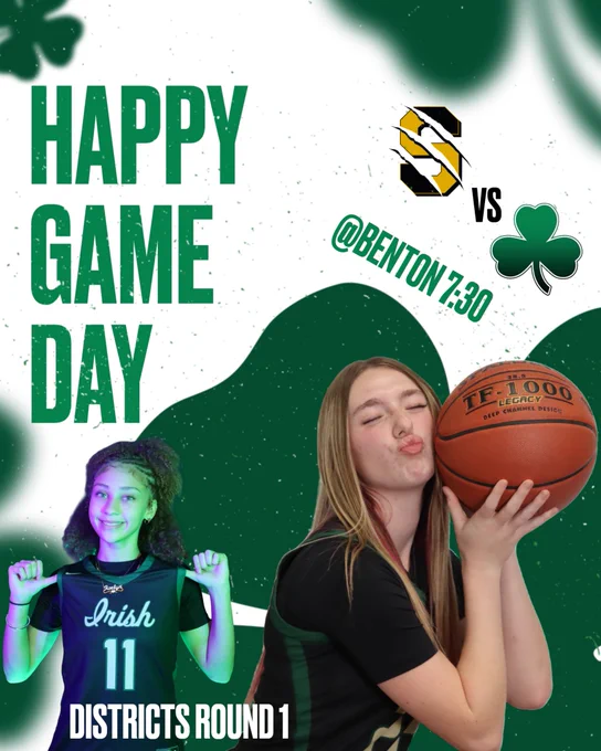 Image of two female basketball players and text that says Lafayette vs Savannah at Benton 7:30pm