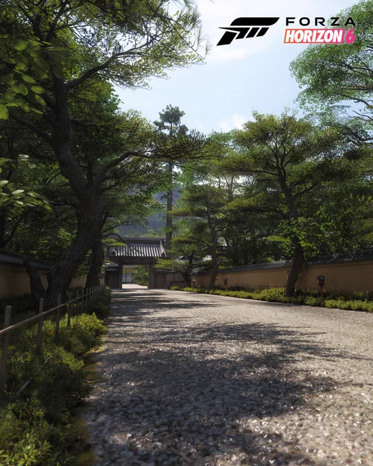 A promotional image for Forza Horizon 6 featuring a tree-lined, gravel path leading to a temple. The trees display Summer colors with lush green foliage, and bright sunlight filtering through the branches.