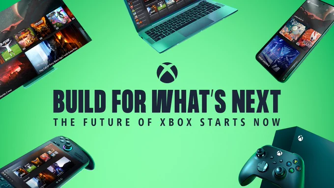 Green Xbox-themed graphic with a central headline reading “Build for What’s Next – The Future of Xbox Starts Now,” surrounded by images of various devices displaying Xbox games, including a monitor, laptop, ROG Xbox Ally X, smartphone, and an Xbox Series X|S. (Alt generated by Microsoft Copilot and reviewed for accuracy)