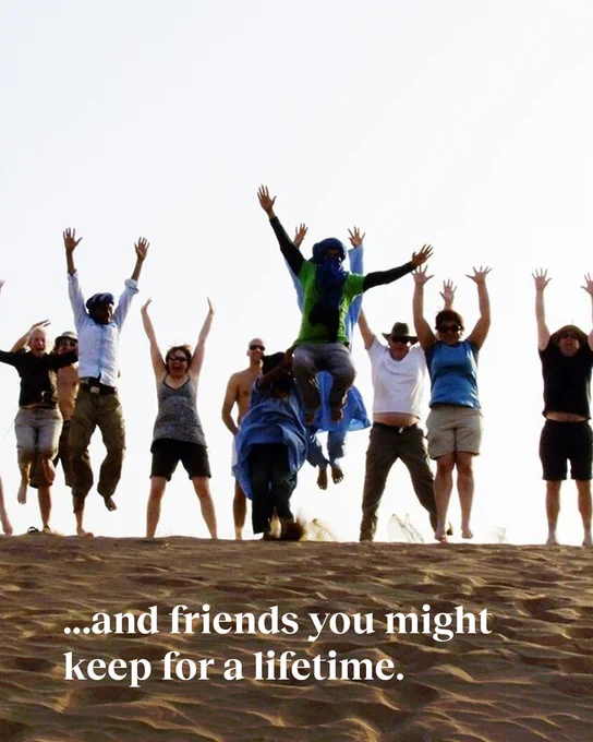 A group of trekkers jumping in the air, arms extended in joy. Text reads: "...and friends you might keep for a lifetime."