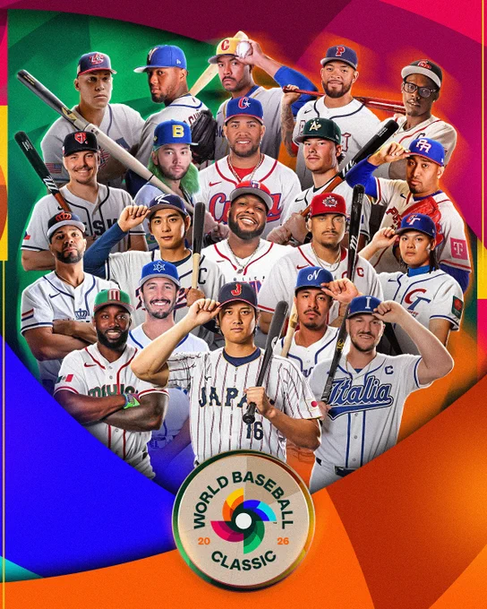 A hype graphic featuring players from all 20 World Baseball Classic teams.
Josh Naylor - Canada
Jose Quintana - Colombia
Yoan Moncada - Cuba
Edmundo Sosa - Panama
Edwin Diaz - Puerto Rico
Dante Bichette Jr. - Brazil
Jazz Chisholm Jr. - Great Britain
Vinnie Pasquantino - Italy
Randy Arozarena - Mexico
Aaron Judge - USA
Travis Bazzana - Australia
Yu Chang - Chinese Taipei
Martin Muzik - Czechia
Shohei Ohtani - Japan
Jung Hoo Lee - Korea
Vladimir Guerrero Jr. - DR
Garrett Stubbs - Israel
Xander Bogaerts - Netherlands
Mark Vientos - Nicaragua
Ronald Acuña Jr. - Venezuela