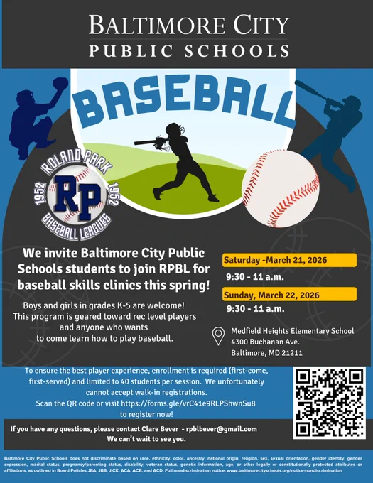 Baltimore City Public Schools invite students to join free baseball skills clinics at Medfield Heights Elementary on March 21-22, 2026.