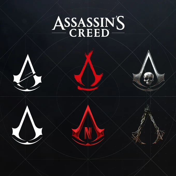 A variety of Assassin's Creed Crest are seen with the \"Assassin's Creed\" graphic text above. 