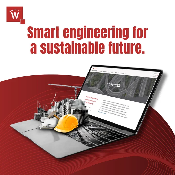 Graphic reading “Smart engineering for a sustainable future” above a laptop displaying Waggoner’s services webpage, with a construction hard hat, blueprints, and a stylized city skyline emerging from the computer, alongside the Waggoner logo.