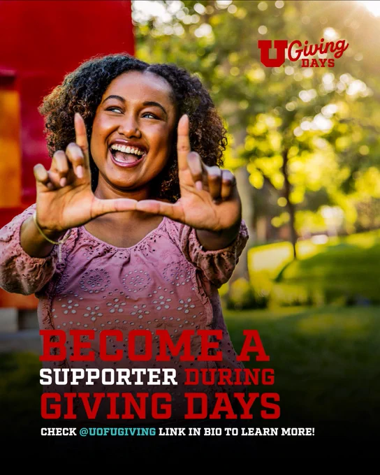 The image is a woman holding up both of her hands in L-shapes to create a U-shape. The text states "BECOME A SUPPORTER DURING GIVING DAYS" and "CHECK @UOFUGIVING LINK IN BIO TO LEARN MORE"