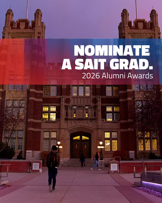 An image of a heritage building at dusk with a person walking towards it. A text overlay reads, "Nominate a SAIT Grad. 2026 Alumni Awards." 