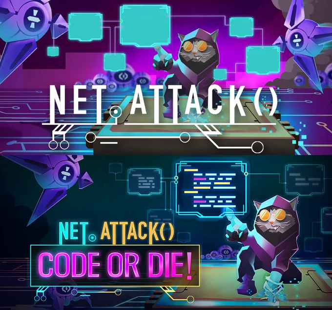 Top: Old keyart. Cyan bubbles without content, Magenta background, lots of enemies.

Bottom: New keyart. Bubbles are filled with lines to indicate code, the background is dark green, and the enemies are present but less overtaking. There also is a subtitle now: Code or Die!