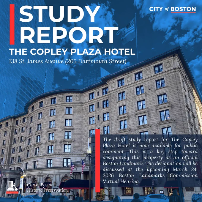 Graphic announcing study report available for comment for the Copley Plaza Hotel. 