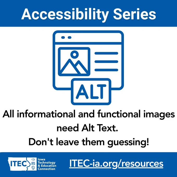 Educational graphic for the ITEC Accessibility Series featuring an Alt Text logo. The main text reads: 'All informational and functional images need Alt Text. Don't leave them guessing!' The footer includes a link to the resource section of the ITEC website.