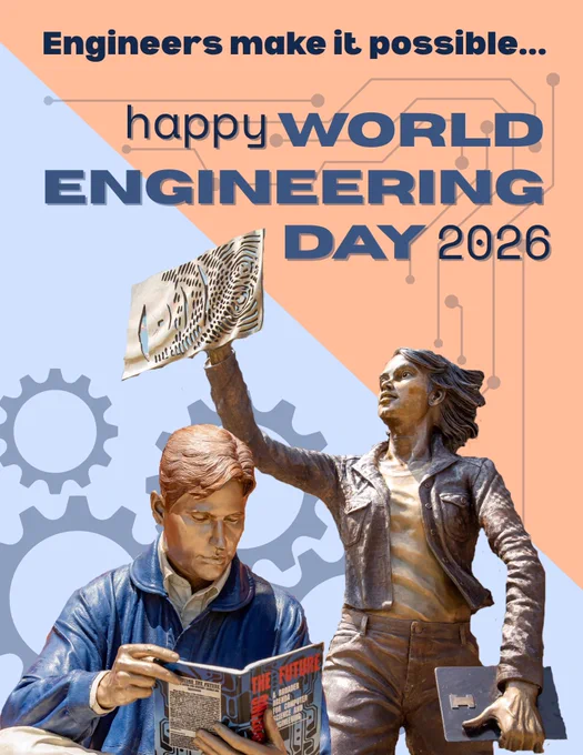 Poster celebrating World Engineering Day 2026 with the headline “Engineers make it possible… happy World Engineering Day 2026.” Pictured are Grainger Bob and Quinn statues from the engineering quad.