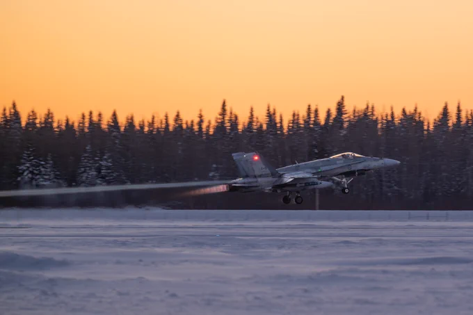A CF-188 Hornet assigned to Canadian Air Task Force departs the runway in Arctic winter conditions with snow-covered mountains in the background during Exercise Arctic Edge 26 at Eielson Air Force Base, Alaska.

ARCTIC EDGE 2026 (AE26) is a NORAD and U.S. Northern Command-led homeland defense exercise designed to improve readiness, demonstrate capabilities, and enhance Joint and Allied Force interoperability in the Arctic.

Photo by Sgt Steeve Picard, February 27, 2026, Eleison AFB, Alaska