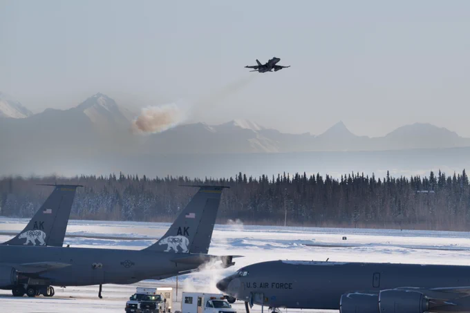 A CF-188 Hornet assigned to the Canadian Air Task Force takes off in Arctic winter conditions during Exercise Arctic Edge 26 at Eielson Air Force Base (AFB), Alaska. 

ARCTIC EDGE 2026 (AE26) is a NORAD and U.S. Northern Command-led homeland defense exercise designed to improve readiness, demonstrate capabilities, and enhance Joint and Allied Force interoperability in the Arctic.

Photo by Sgt Steeve Picard, March 2, 2026, Eleison AFB, Alaska