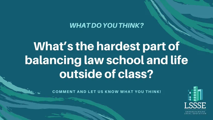 A teal and dark green graphic with abstract brushstroke patterns in the corners. The center text reads: “What do you think? What’s the hardest part of balancing law school and life outside of class?” Below, smaller text says: “Comment and let us know what you think!” In the bottom right corner is the LSSSE logo with the tagline “Understanding Legal Education.”