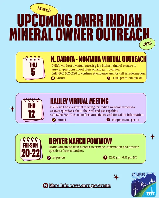 Schedule of ONRR Indian mineral owner outreach events in March 2026 including virtual meetings and an in-person powwow.