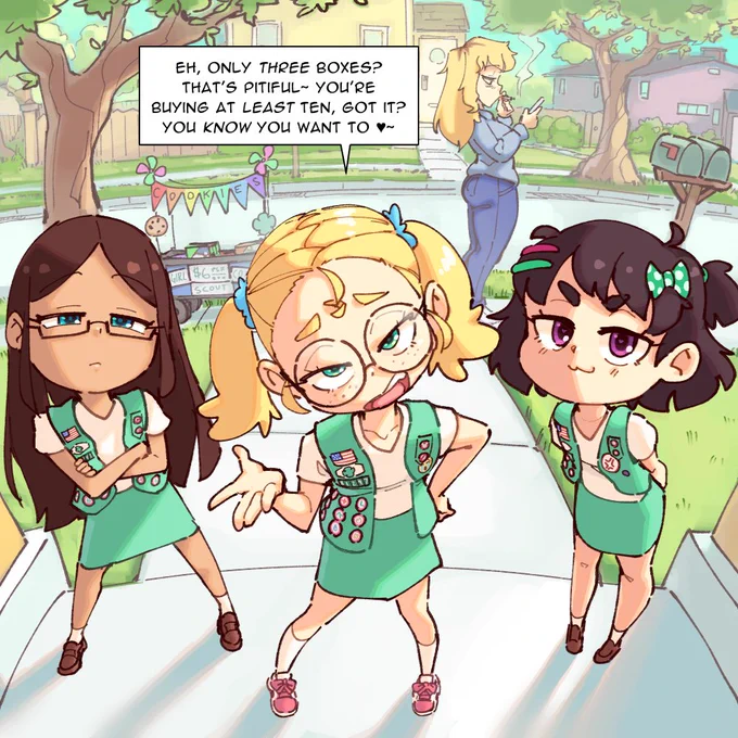 three girl scouts convincing you to buy more cookies