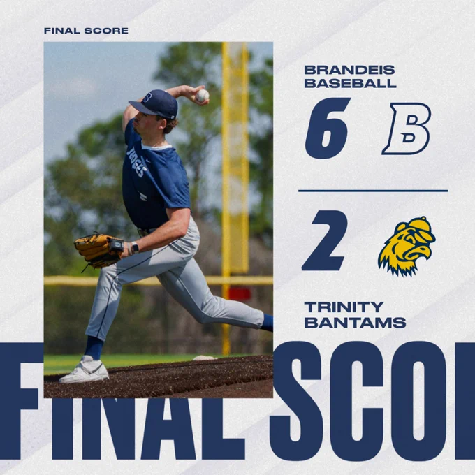 TEXT: FINAL SCORE: Brandeis Baseball 6, Trinity Bantams 2
IMAGE: Andrew Trinity delivering a pitch during a baseball game