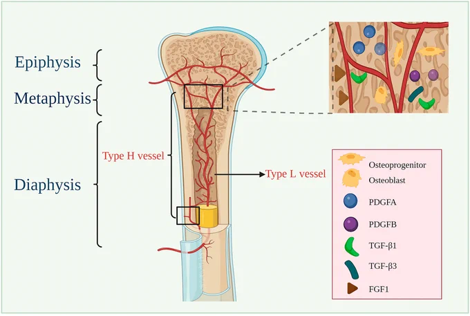 "Type H vessels in osteogenesis, homeostasis, and related disorders," by Xiaoru Qin et al. Fig. 1. Vascular distributions in long bones. Type H vessels are located in the metaphysis and along the periosteal and endosteal surface, whereas type L vessels are located in the diaphysis's bone marrow cavity. Secretion of PDGFA, PDGFB, TGF-β1, TGF-β3, and FGF1 from type H ECs is significantly higher than that from type L ECs. More RUNX2  and OSX  osteoprogenitors and osteoblasts surround type H vessels.
