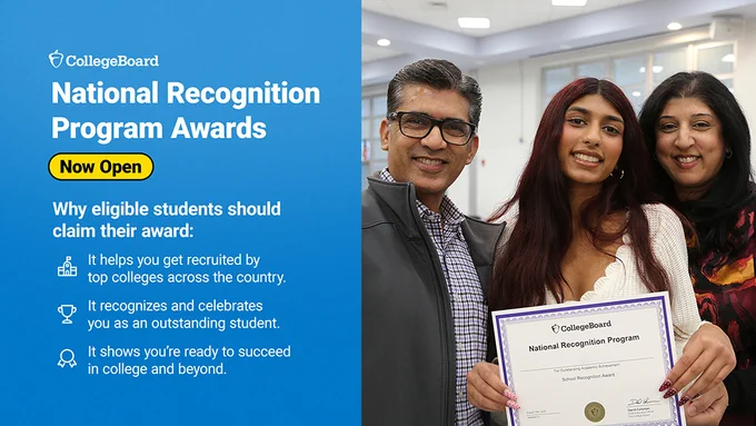 Photo of a young woman standing alongside her parents holding an award certificate. With a blue bar with text that reads College Board National Recognition Program Awards.